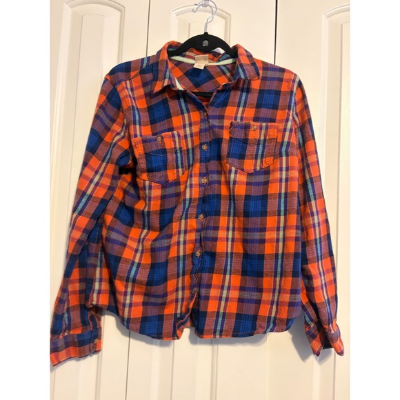 Mossimo Supply Co Flannel Button Up Shirt Orange Blue Plaid XL Utility‎ Style - Picture 2 of 6